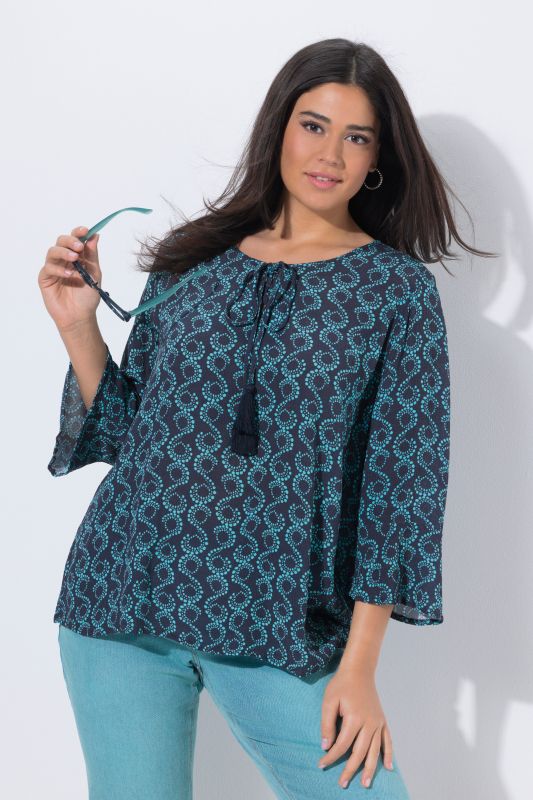 Tunique coupe évasée, col tunisien et manches&nbsp;3/4, cordon de serrage