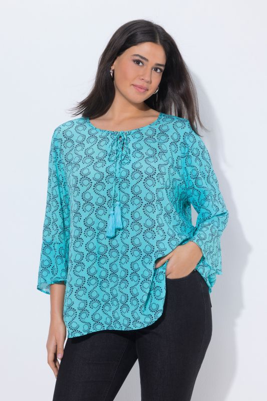 Tunique coupe évasée, col tunisien et manches&nbsp;3/4, cordon de serrage