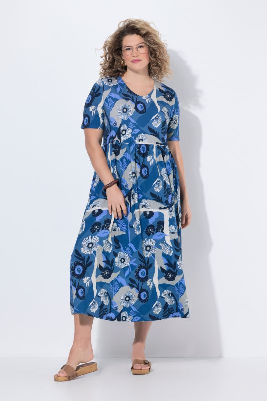 Robe en jersey de coton bio, motif à fleurs, décolleté rond et manches courtes