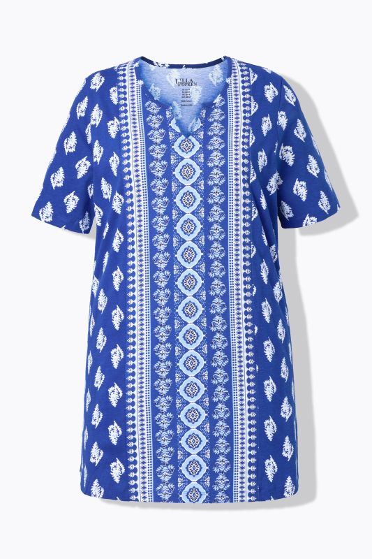 T-shirt long avec imprimé, col tunisien et manches courtes