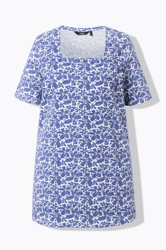 T-shirt long, décolleté carré et manches courtes, coupe évasée