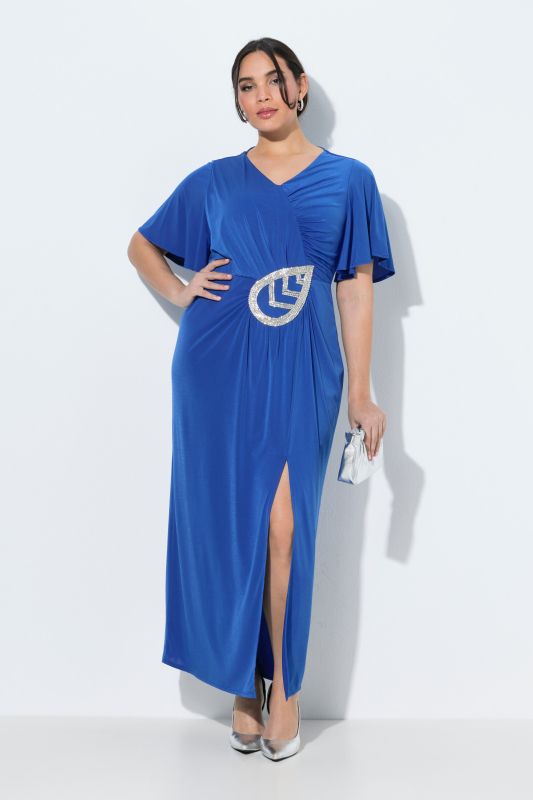 Robe maxi manches courtes et décolleté en V, drapé, application