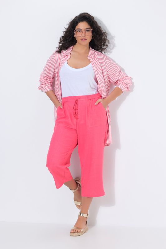 Pantalon Rose en lin mélangé, jambe large et taille élastique