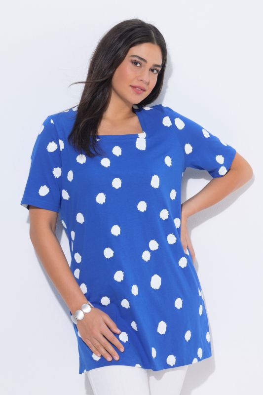 T-shirt long motif à pois, décolleté carré et manches 3/4, coupe évasée