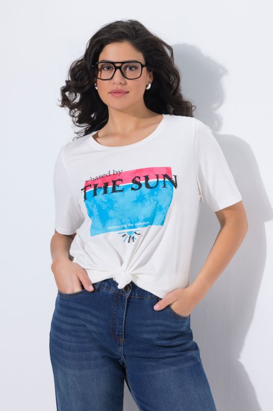 T-shirt col rond et manches courtes, imprimé avec perles