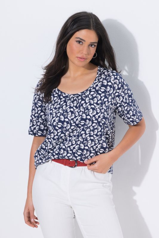 T-Shirt coupe évasée, plis fantaisie et motif fraises, col rond, manches courtes