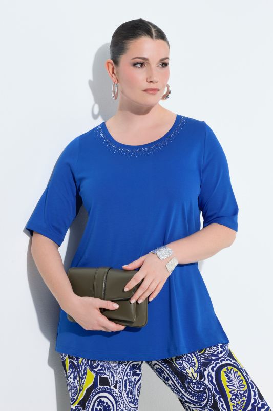 T-shirt en coton Pima, manches courtes et décolleté rond avec pierres fantaisie