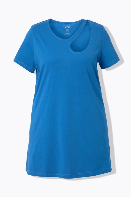 T-shirt long avec découpe, col rond et manches courtes, coupe évasée