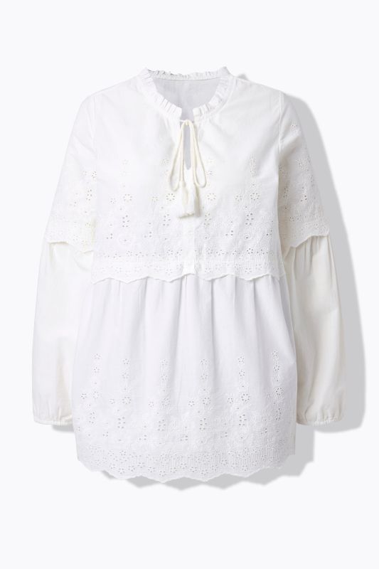 Blouse brodée, col avec ruché et manches longues, coupe évasée