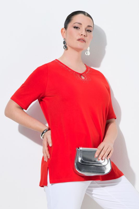 T-shirt en coton Pima, petits strass fantaisie, décolleté en V et manches courtes