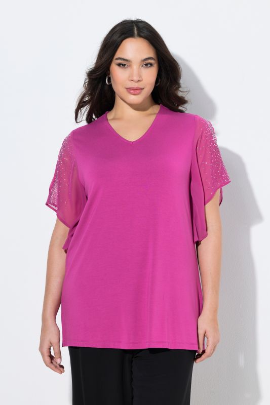 Tunique avec petites pierres scintillantes - décolleté en V, manches 3/4 et ligne A