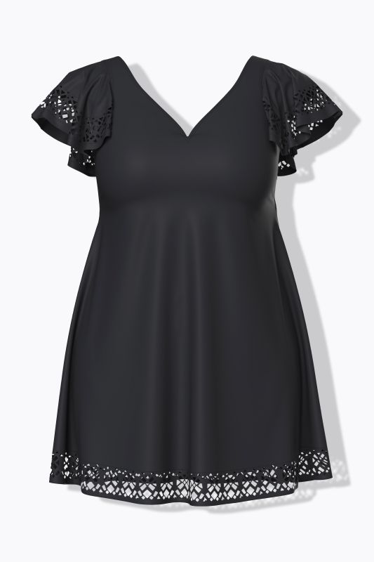 Robe de bain, manches volantées. Bonnets souples et armatures. Motif découpé au laser