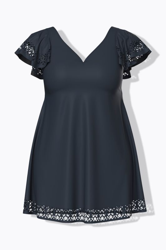 Robe de bain, manches volantées. Bonnets souples et armatures. Motif découpé au laser