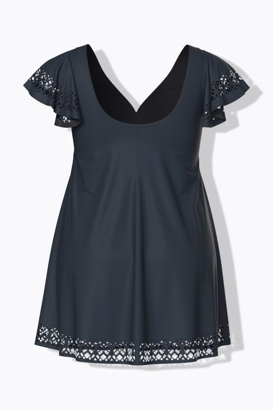 Robe de bain, manches volantées. Bonnets souples et armatures. Motif découpé au laser