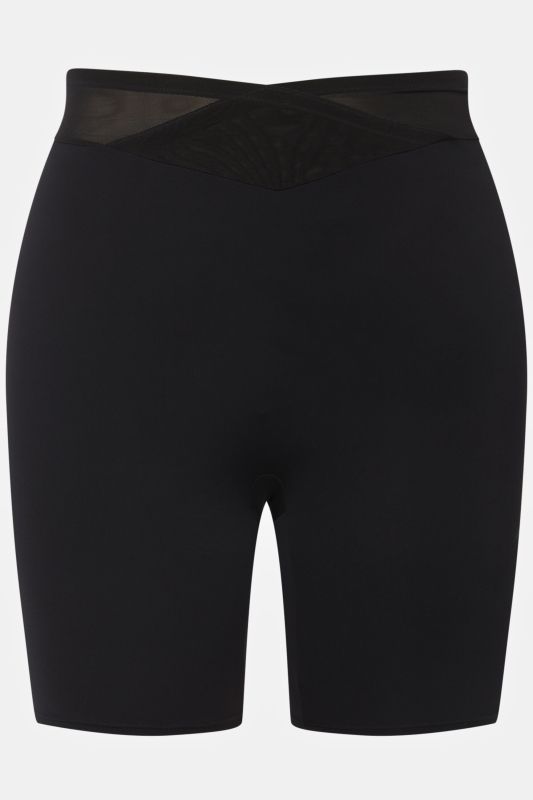 Bermuda gainant, taille haute. Large ceinture en mesh, effet cache-cœur