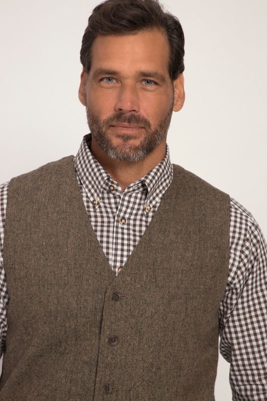 Gilet en tweed de costume bavarois, laine mélangée et motif Salt & pepper. Dos en maille