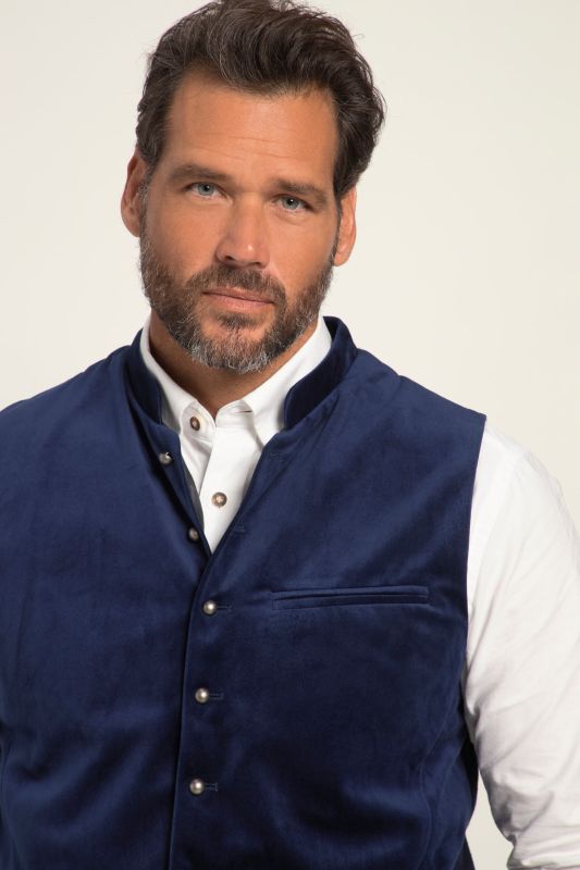 Gilet en velours, s'inspirant des tenues traditionnelles bavaroises. Col montant, dos en maille. Jusqu'à la taille 70.