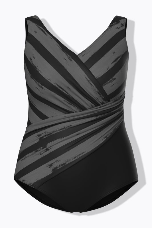 Maillot de bain, bonnets souples. Drapé et rayures. Matière recyclée