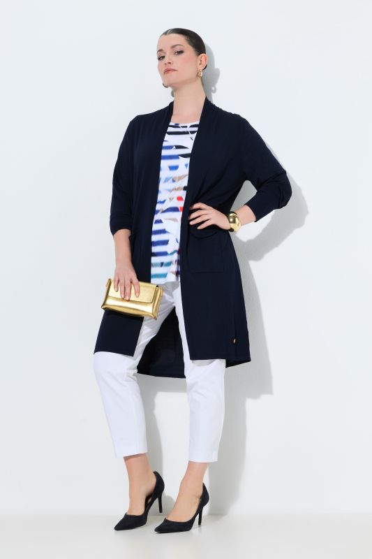 Cardigan long à col montant. Coupe ouverte