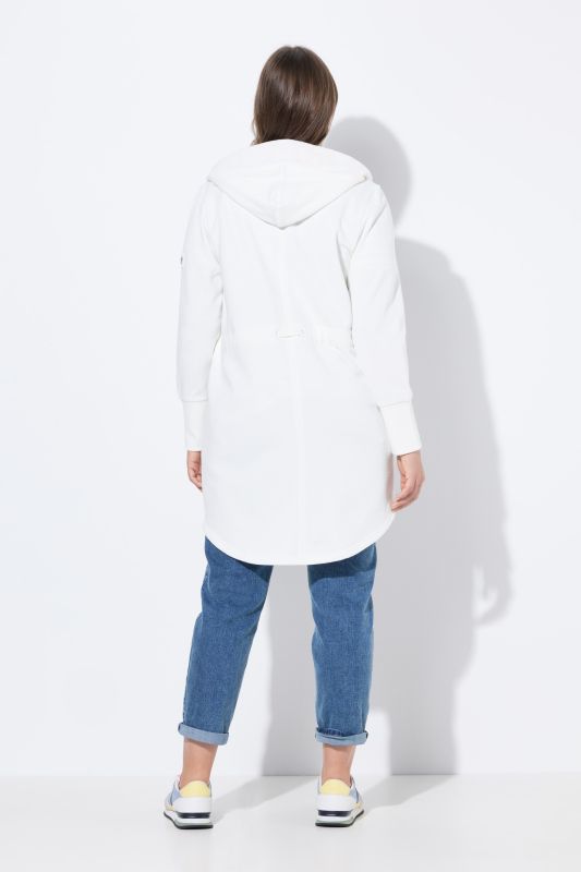 Veste à capuche en molleton. Coupe longue. Cordon de serrage dans la taille. Manches longues