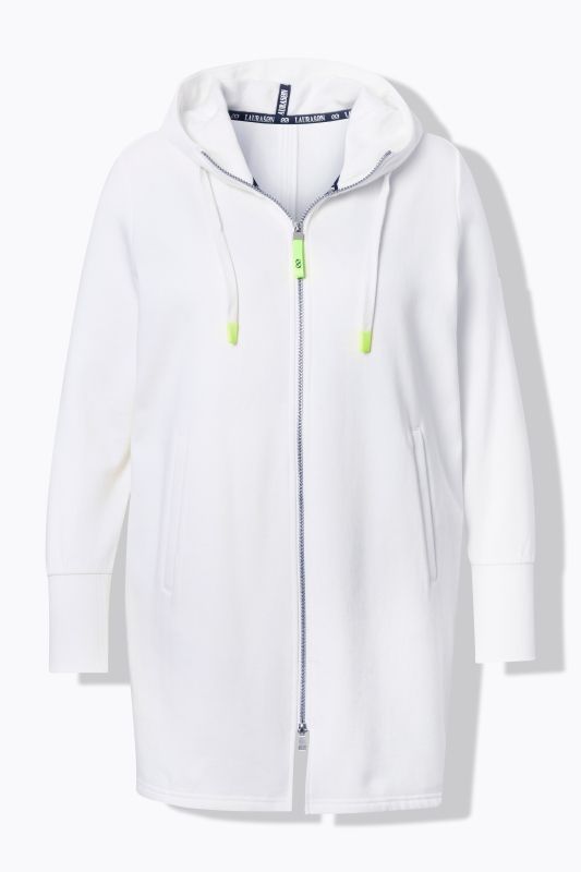 Veste à capuche en molleton. Coupe longue. Cordon de serrage dans la taille. Manches longues