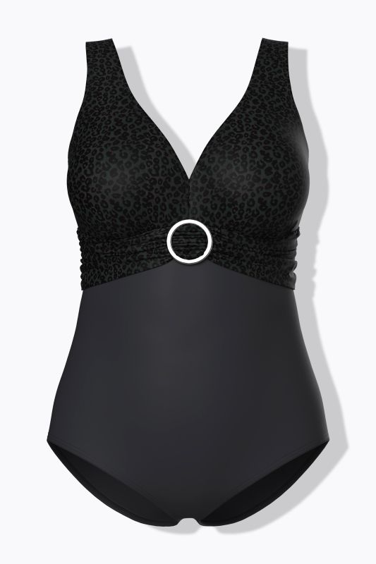 Maillot de bain à bonnets souples. Anneau fantaisie. Dos plongeant