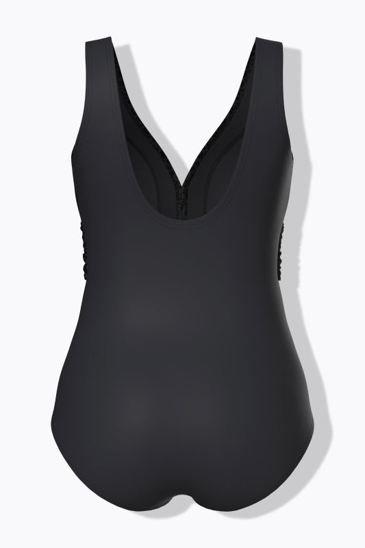 Maillot de bain à bonnets souples. Anneau fantaisie. Dos plongeant