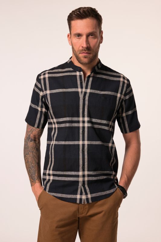 Chemise JP 1880 en in mélangé, imprimé à carreaux, manches courtes et col Kent, coupe Modern Fit - jusqu'au 8 XL