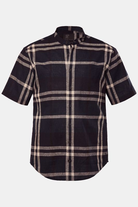 Chemise JP 1880 en in mélangé, imprimé à carreaux, manches courtes et col Kent, coupe Modern Fit - jusqu'au 8 XL