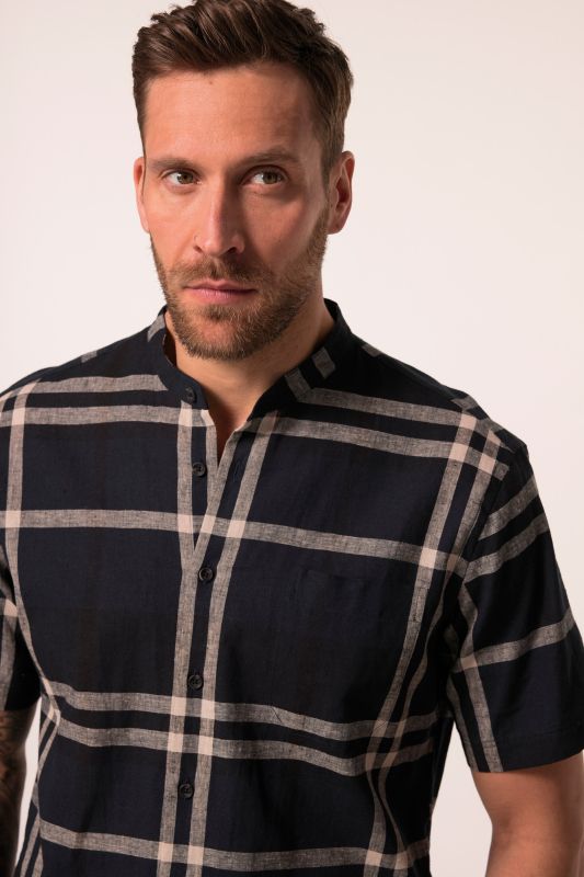 Chemise JP 1880 en in mélangé, imprimé à carreaux, manches courtes et col Kent, coupe Modern Fit - jusqu'au 8 XL