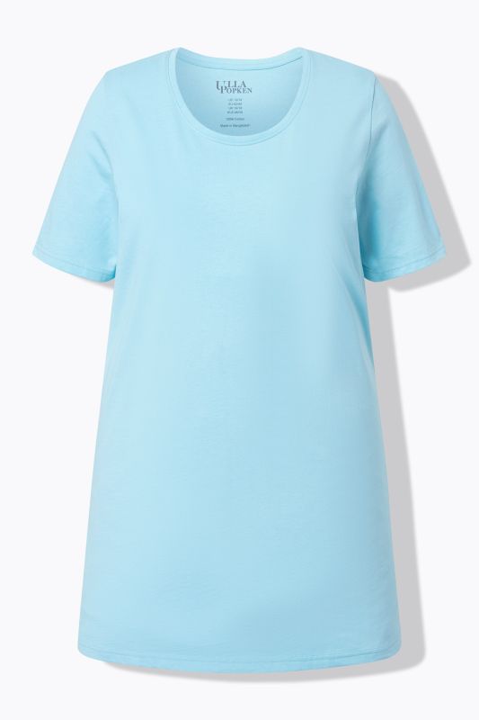 T-shirt long. Col rond et manches courtes. Coupe évasée