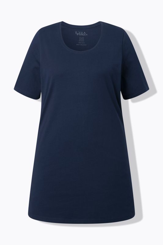 T-shirt long. Col rond et manches courtes. Coupe évasée