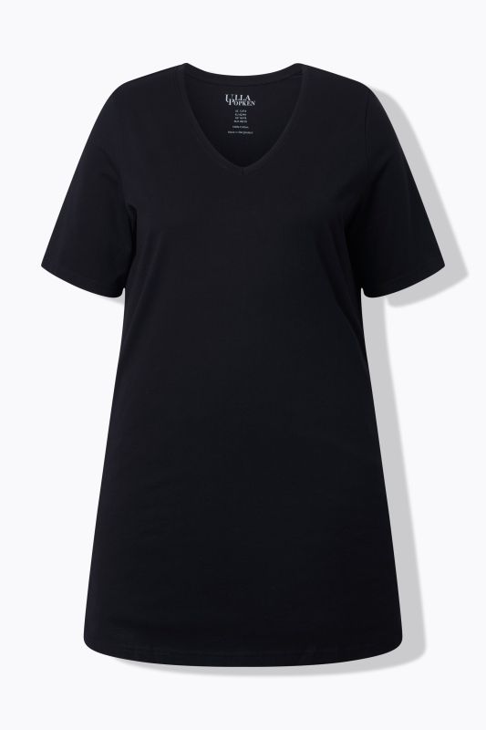 T-shirt long. Manches courtes et col V. Coupe évasée