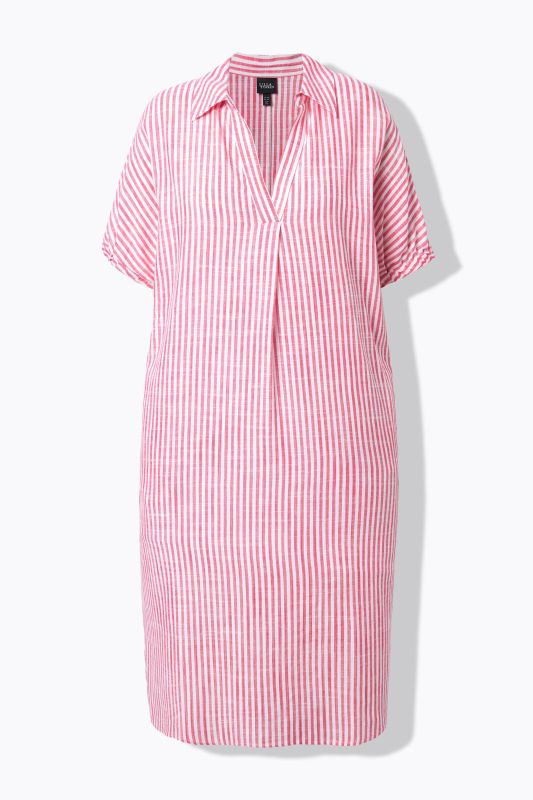 Robe oversize en lin mélangé. Rayures. Col chemise et manches courtes