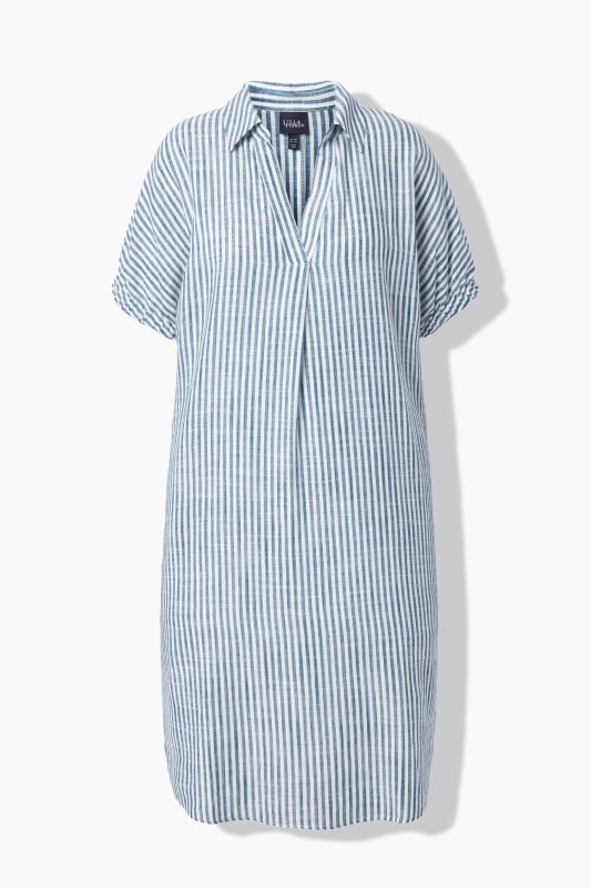 Robe oversize en lin mélangé. Rayures. Col chemise et manches courtes