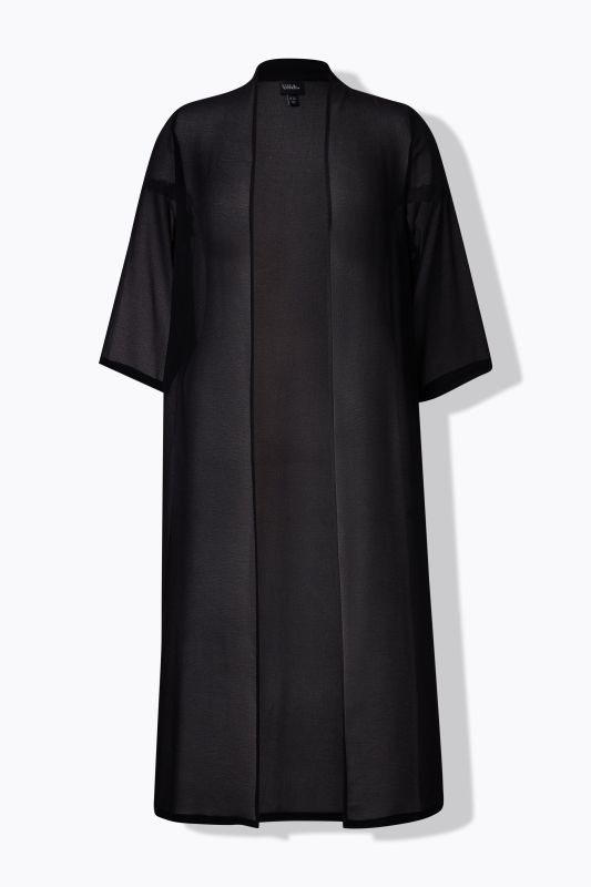 Veste longue en mousseline. Col châle et manches 3/4. Coupe ouverte