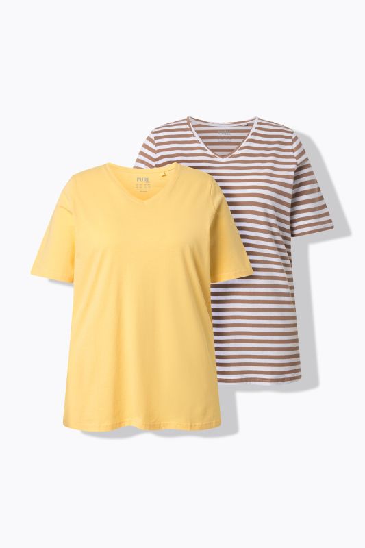 Lot de 2 T-shirts, rayures/uni, décolleté en V et manches courtes