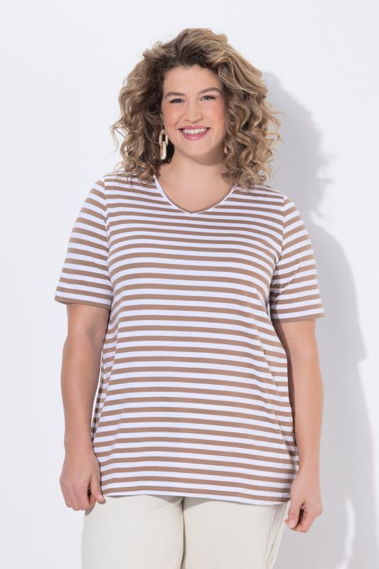 Lot de 2 T-shirts, rayures/uni, décolleté en V et manches courtes