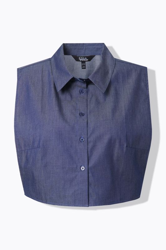 Faux col chemisier, aspect jean, avec patte de boutonnage