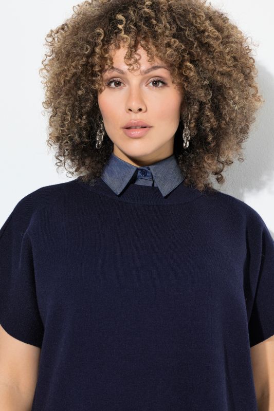 Faux col chemisier, aspect jean, avec patte de boutonnage