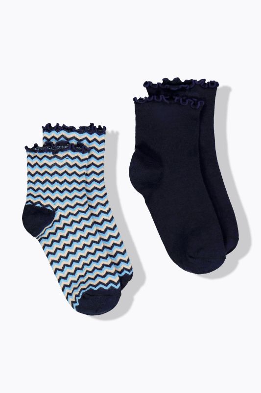 Lot de 2 paires de chaussettes, uni/motif chevrons, tige courte avec ruchés