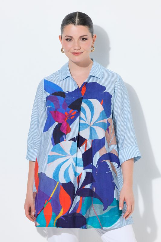 Chemisier long coupe évasée, motif rayures/fleurs, col chemise et manches&nbsp;3/4