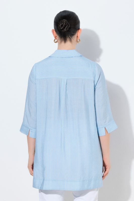 Chemisier long coupe évasée, motif rayures/fleurs, col chemise et manches&nbsp;3/4