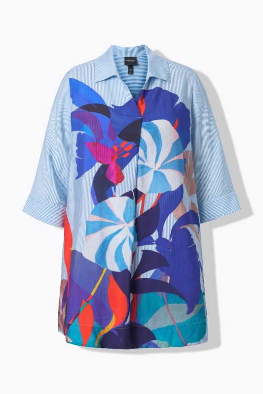 Chemisier long coupe évasée, motif rayures/fleurs, col chemise et manches&nbsp;3/4