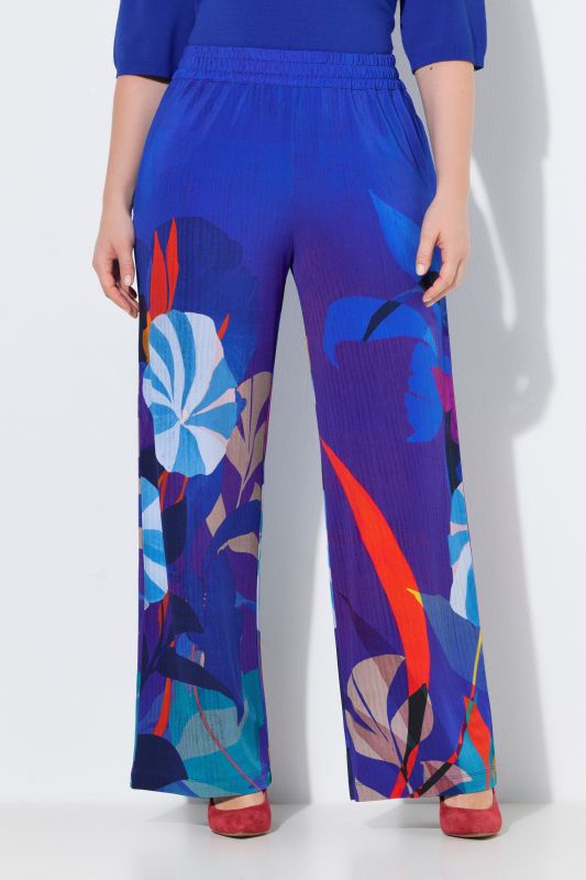 Pantalon en tissu piqué à fleurs, tombé fluide, jambe large et taille élastique