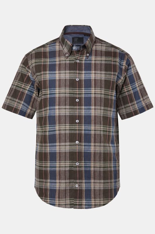 Chemise à carreaux JP 1880 en lin mélangé, manches courtes et col à pointes boutonnée, coupe Modern Fit - jusqu'au 8 XL