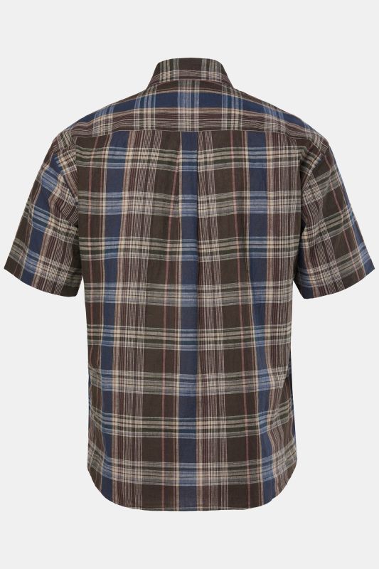 Chemise à carreaux JP 1880 en lin mélangé, manches courtes et col à pointes boutonnée, coupe Modern Fit - jusqu'au 8 XL