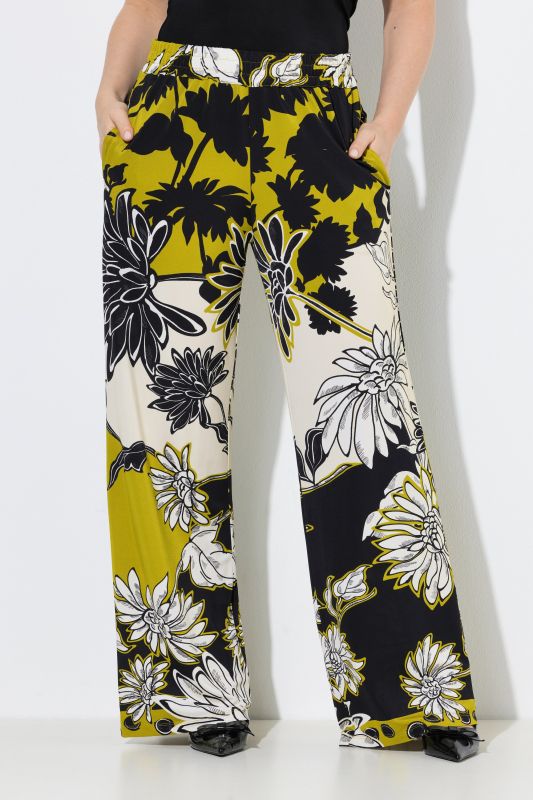 Pantalon en tissu piqué à fleurs, tombé fluide, jambe large et taille élastique