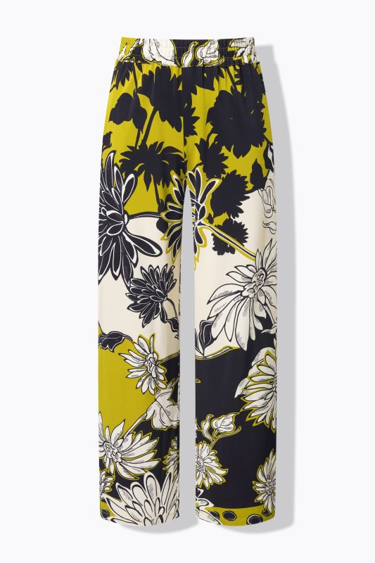 Pantalon en tissu piqué à fleurs, tombé fluide, jambe large et taille élastique