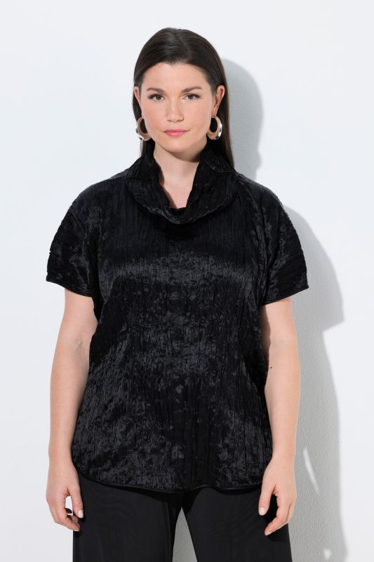 Blouse en acétate effet froissé, coupe oversize, manches courtes et col montant